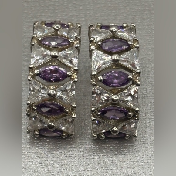 Diamond Silver Amethyst Huggie 
Hoop Earrings - Picture 2 of 9